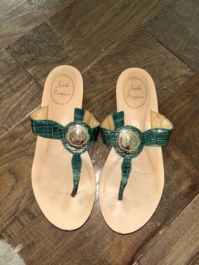 Jack Rogers Green Croc-Embossed Thong Sandals with Logo Medallion